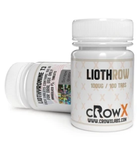 Liothrow 100mcg 100 tablets by Crowx Labs. USA product packaging