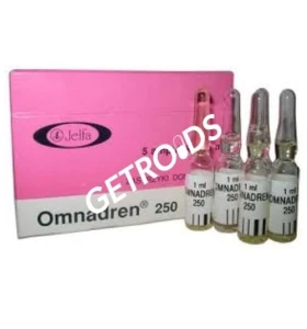 Omnadren 250 Jelfa USA product packaging with 5 ampoules of 1ml at 250mg per ml