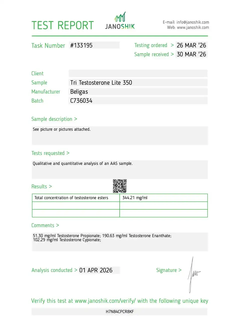 Beligas Pharma Tri Test Lite 350 mg 10 ml lab report image