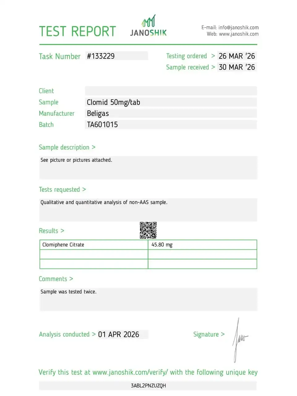 Beligas Pharma Clomid 50 lab report image