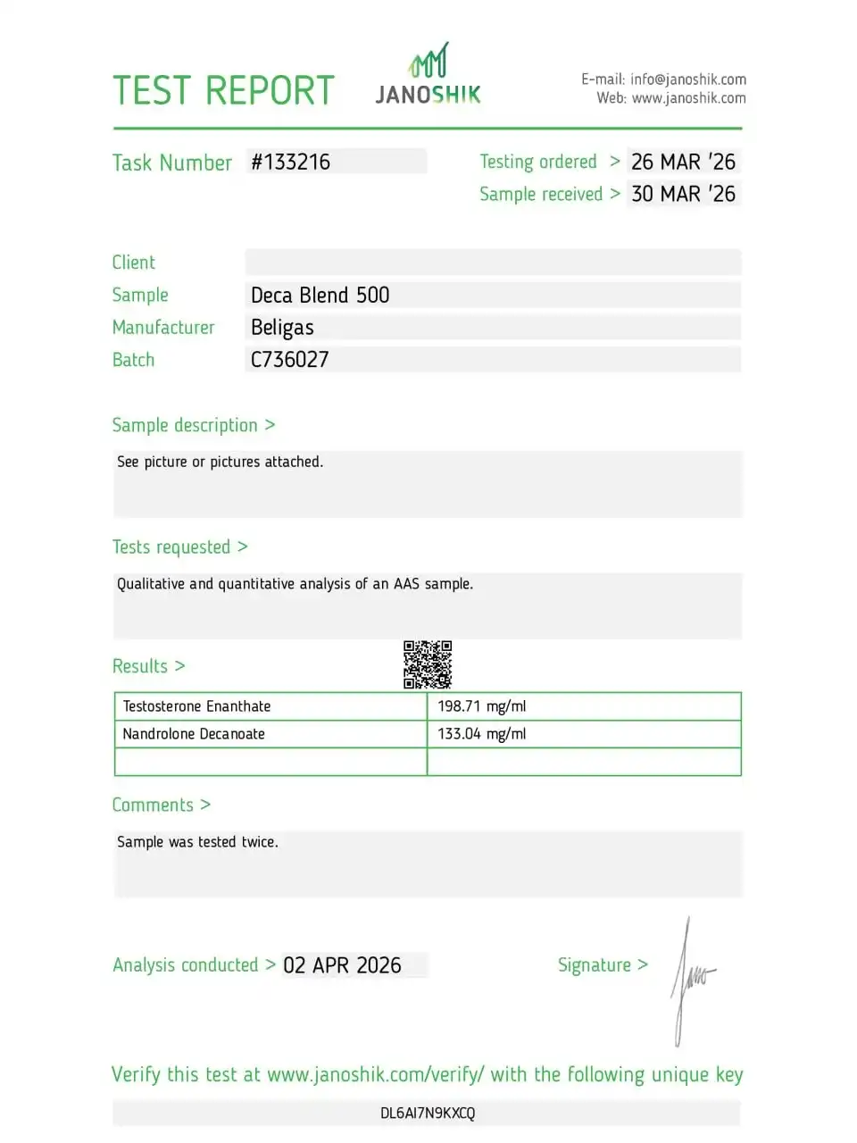 Beligas Pharma Test Deca 500 Blend lab report image