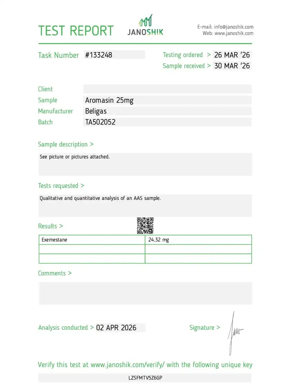 Beligas Pharma Aromasin 25 mg lab report image