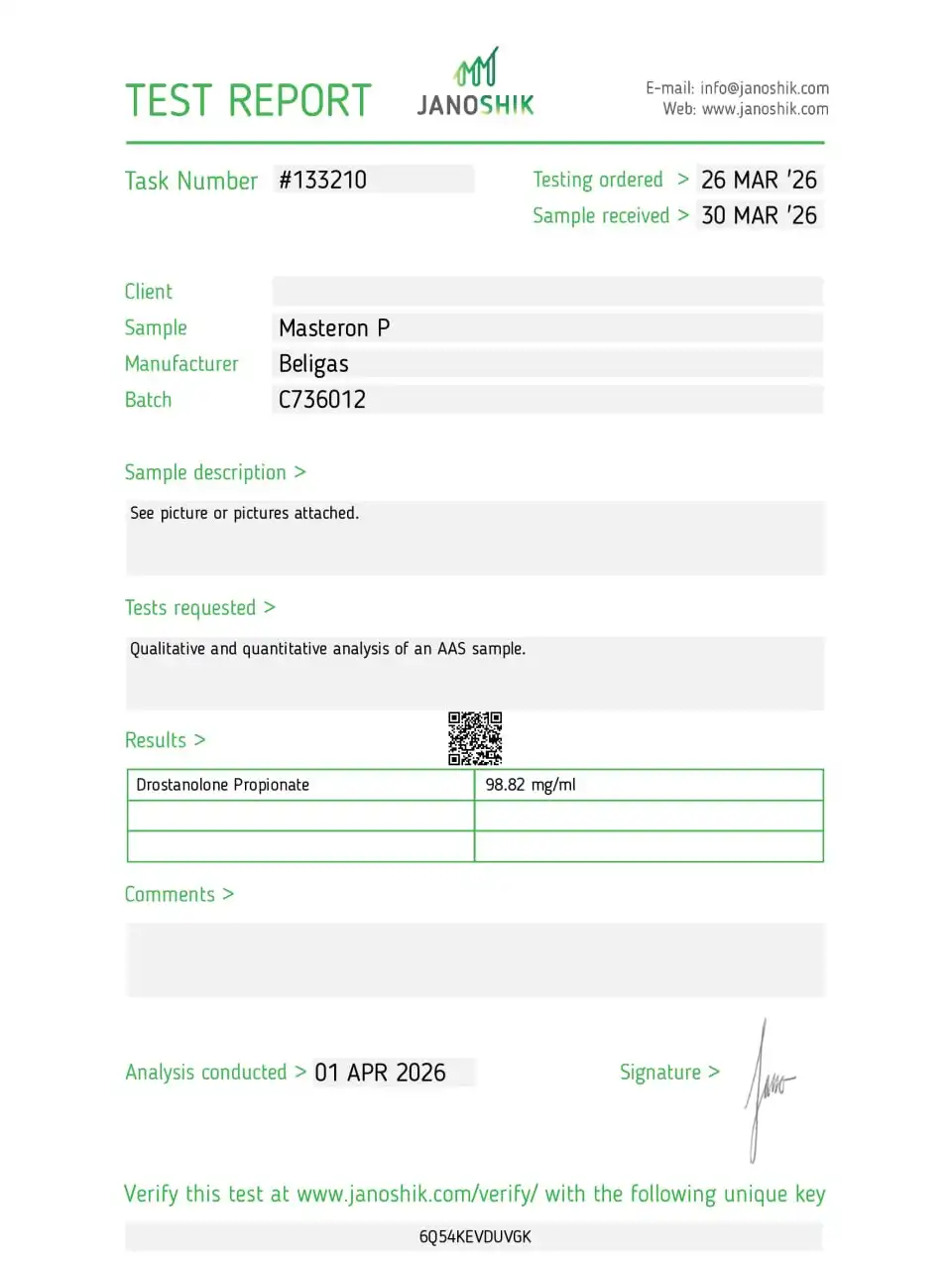 Beligas Pharma Propha Masteron 100 lab report image