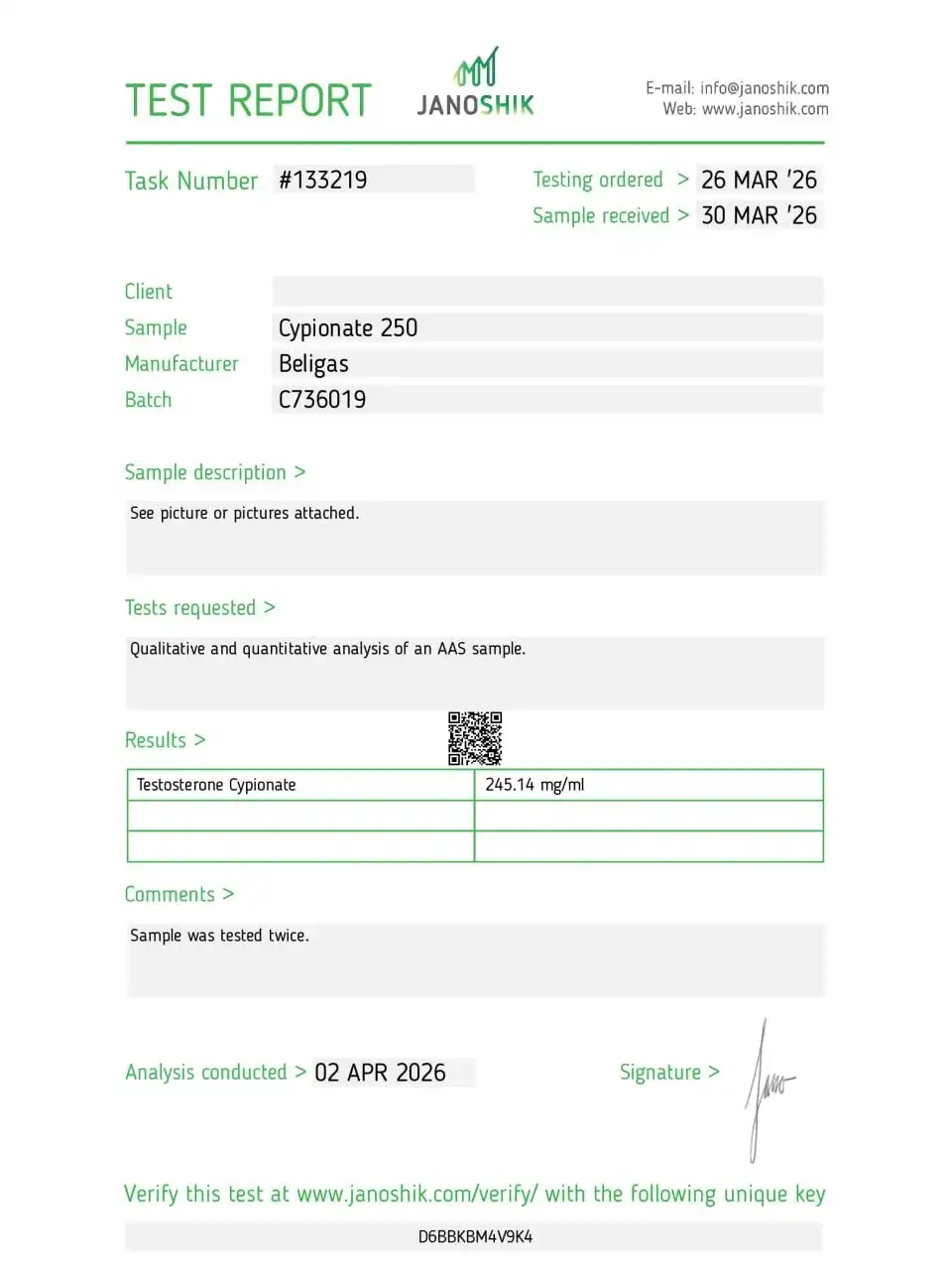 Beligas Pharma Cypo Test 250 lab report image