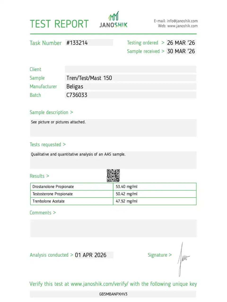 Beligas Pharma Tren Test Mast 150 lab report image