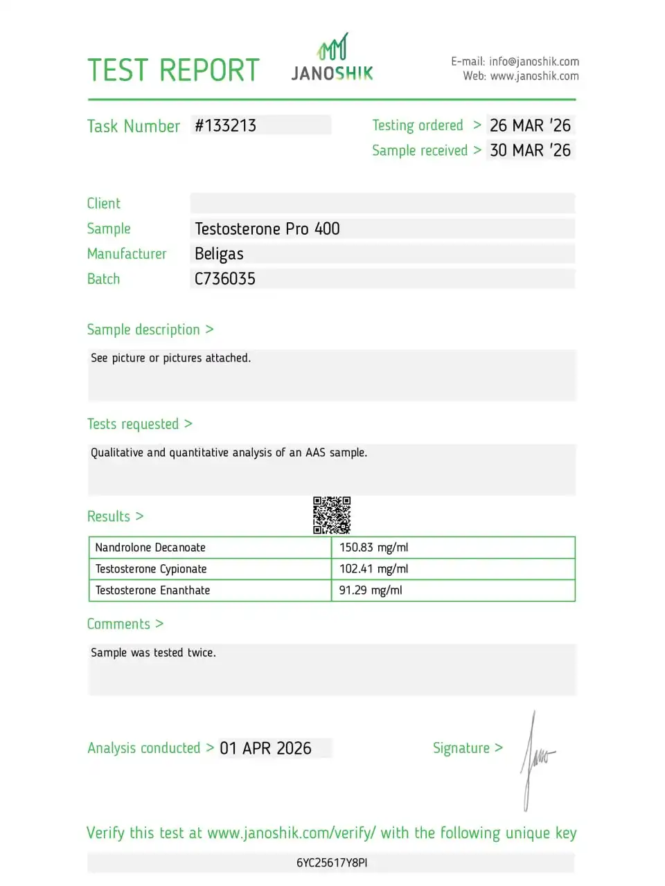Beligas Pharma Tri Testosterone Pro 400 lab report image