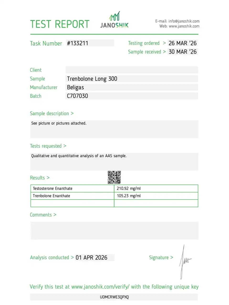 Beligas Pharma Trenbolone Long 300 lab report image