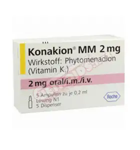 Konakion MM Vitamin K1 2mg 5 amps 0.2 ml Roche Konakion MM Vitamin K1 2mg 5 amp 0.2 ml Roche product packaging