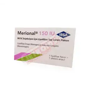 Merional 150 IU HMG Human Menopausal Gonadotropin by Ibsa Ilac vial and solution packaging