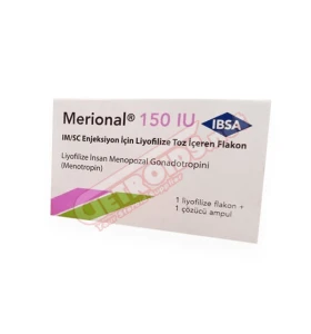Merional 150 IU HMG Ibsa vial and solution Merional 150 IU HMG Human Menopausal Gonadotropin by Ibsa Ilac vial and solution packaging