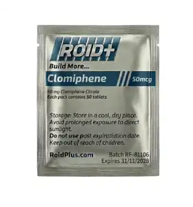 Clomiphene 50 mg 50 Tablets Roid Plus Clomiphene 50 mg 50 tablets by Roid Plus product packaging